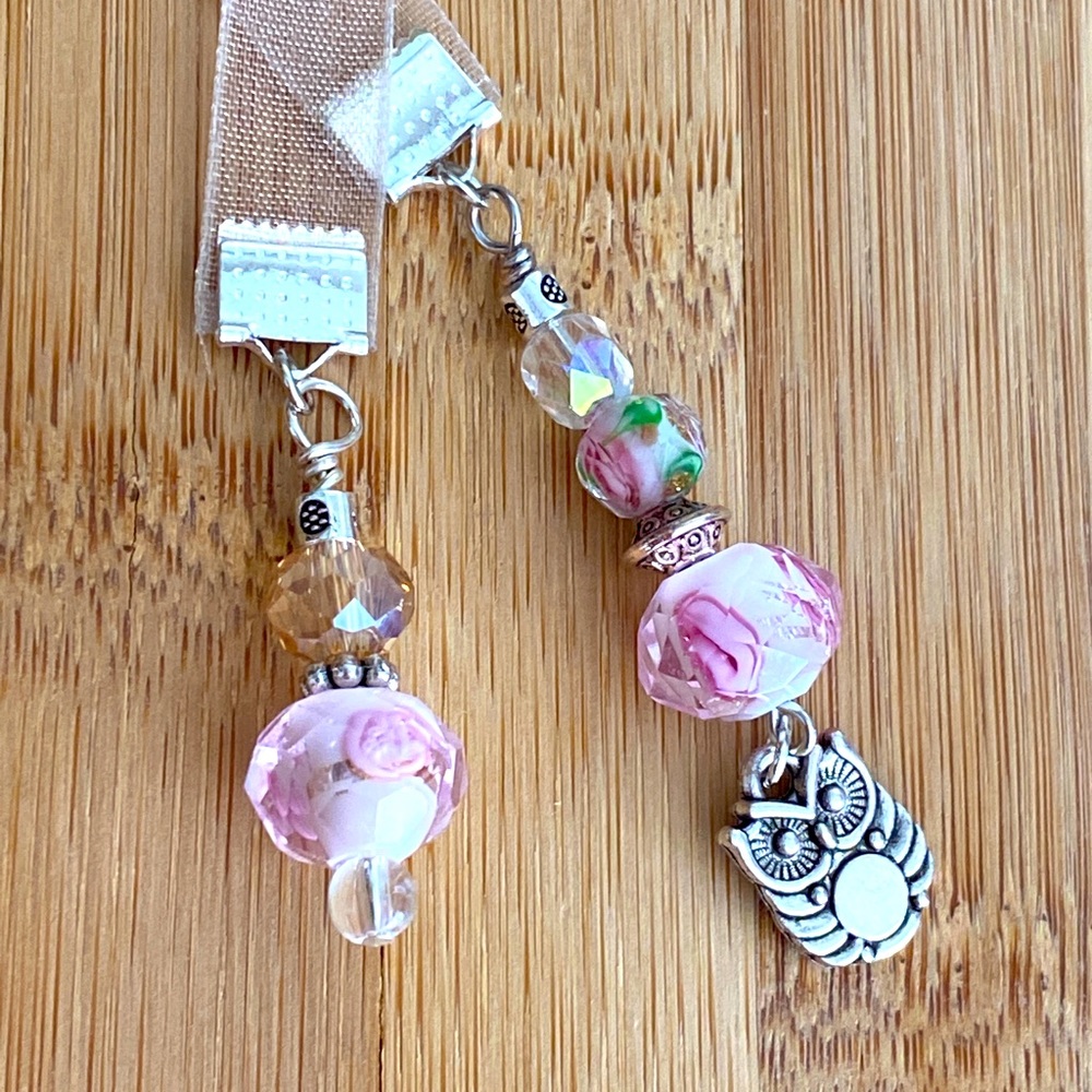 Rose Ribbon Bookmark with Owl Charm